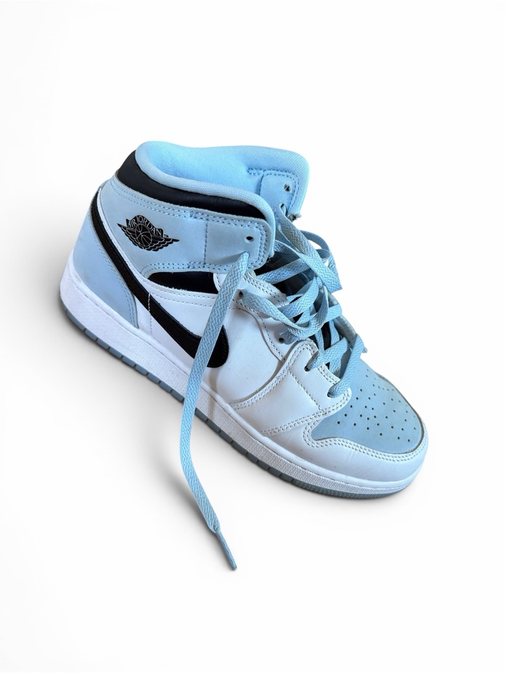 Nike Air Jordan 1 Mid White and Light Blue with Black Swoosh